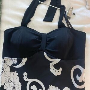 black & white floral tank dress- tie neck . Silk shell with poly spandex bra/top
